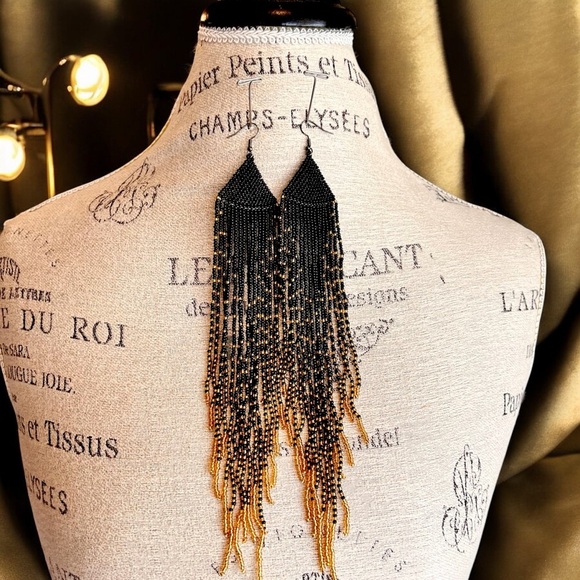 Dramatic Black and Gold Hand Beaded Cascade Earrings - Picture 10 of 16